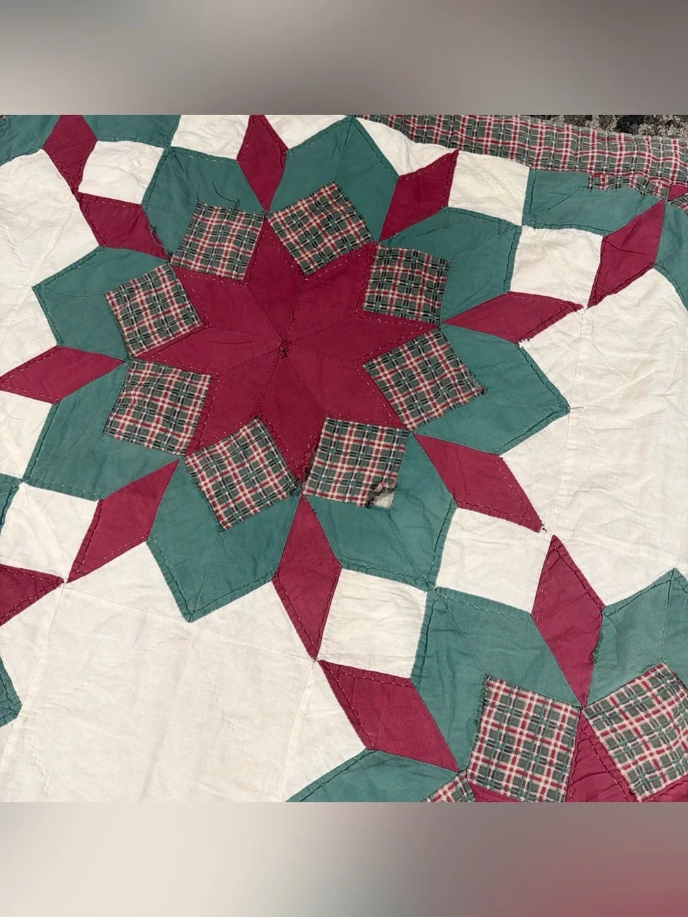 VTG Antique Very Old Quilt Blanket Patchwork 8 Pointed Stars 3D Hand Sewn 80x64”